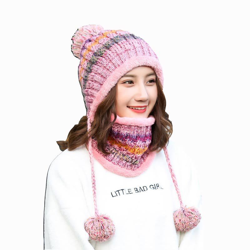 Wholesale Autumn and Winter Warm Ear Protection Plus Velvet Thickened Knitted Beanie and Acrylic Scarf Set