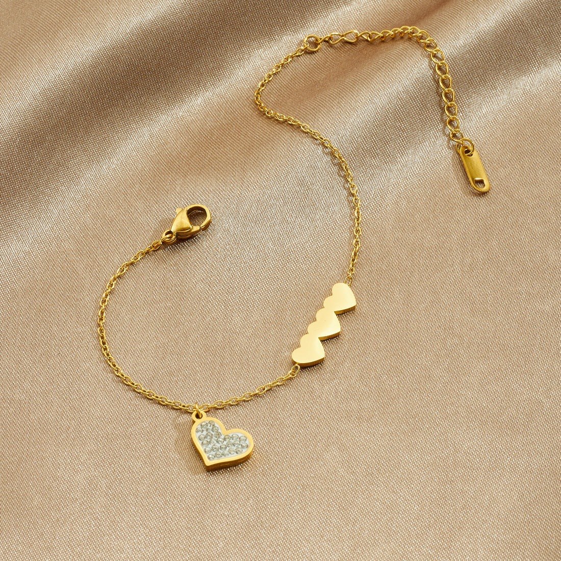 Wholesale Gold-plated Stainless Steel  with Three Heart Charms and Rhinestones Bracelet
