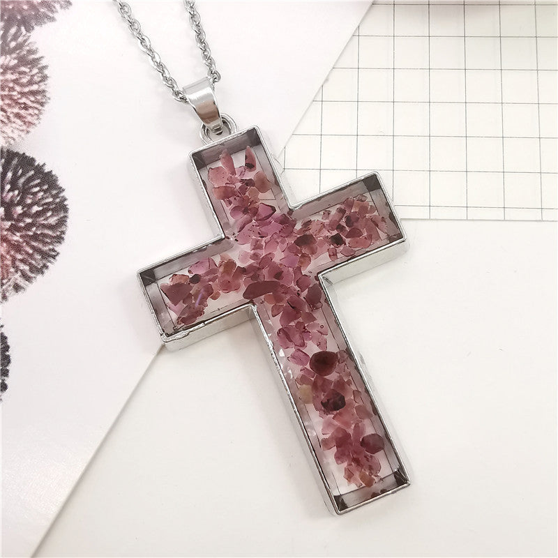 Wholesale 6pcs Natural Stone Rose Dried Flower Resin Cross Fashion Necklace