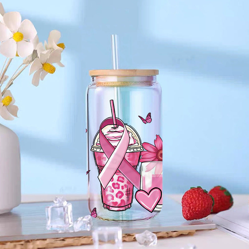 Wholesale Pink Cartoon Cute Anti-Cancer Theme 16oz Cup UV DTF Wraps
