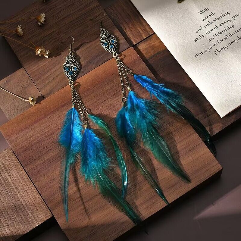 Wholesale long chain feather earrings ethnic style seaside earrings