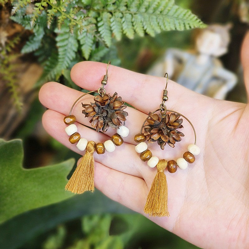 Wholesale Retro Real Fruit Exaggerated Large Hoop Hanging Wooden Beads Earrings