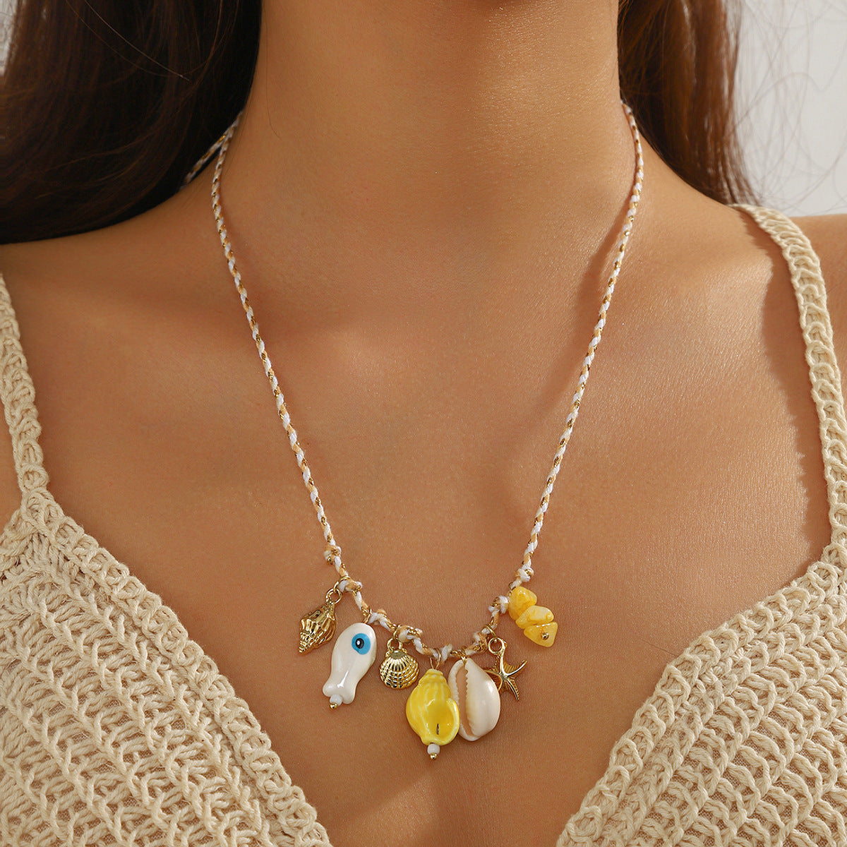 Wholesale Braided Colored Rope Necklace Pearl Shell Starfish Ceramic Fish Pendant Bohemian Necklace