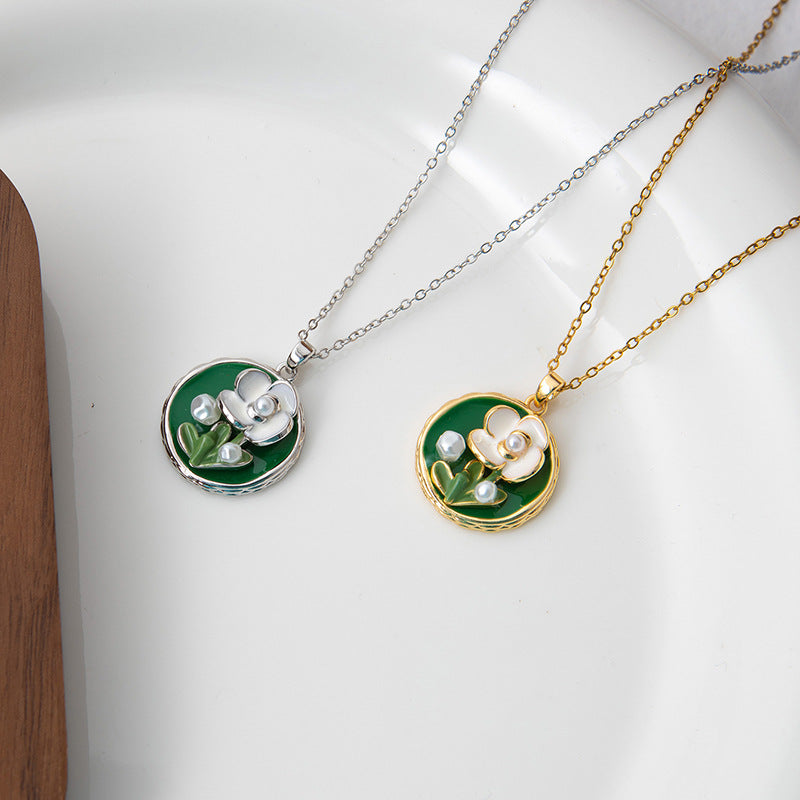 Wholesale rose oil painting high-grade necklace pearl color simple clavicle chain stainless steel plated 18k gold necklace for women