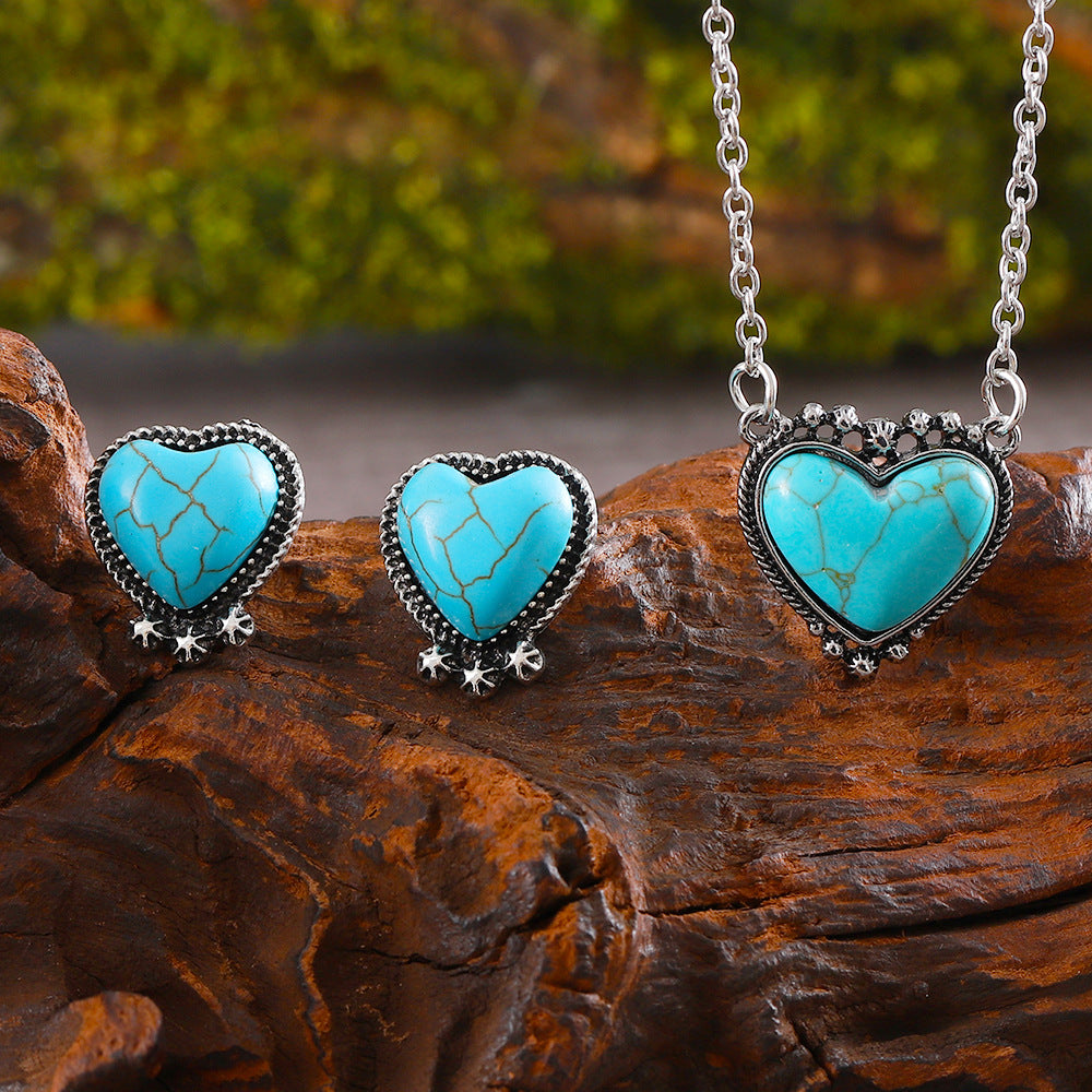 Wholesale Antique Silver Heart Earrings Necklace Set Sweet Romantic Jewelry For Party Gift Resale