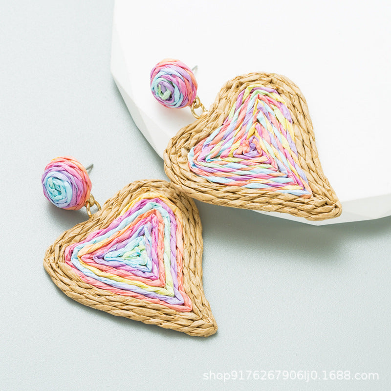 Wholesale Heart-shaped Handcrafted Rattan Woven Creative Geometric Earrings