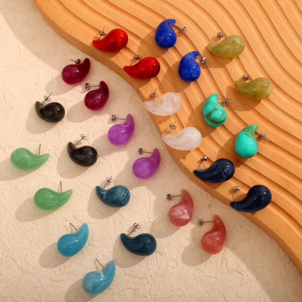 Wholesale Colorful Water Drop Resin Titanium Steel Earrings