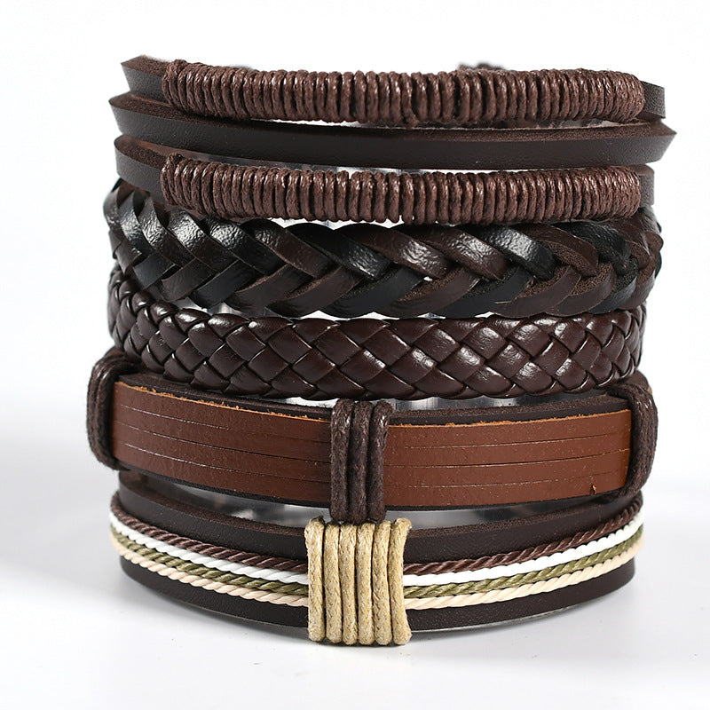 Wholesale Men's Braided Leather Bracelet Multi-layer Set Skull Bracelet