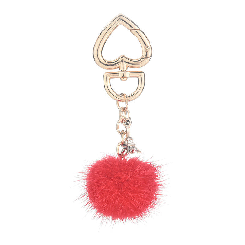 Wholesale mink fur love keychain elegant fur small pendant fur ball alloy love keychain