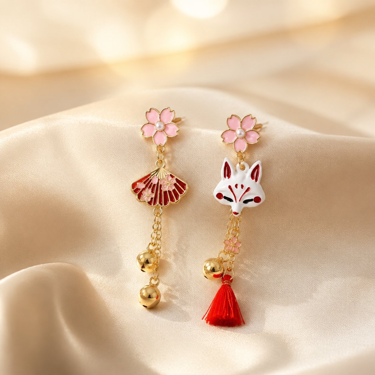 Wholesale Japanese Fox Fan Asymmetric Earrings For Women Anime Tassel Dangle Earrings Party Wear Gift