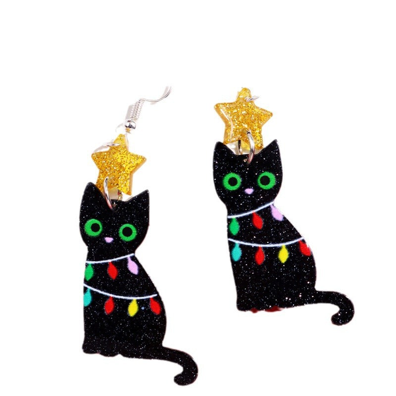 Wholesale Christmas Lantern Black Cat Bell Acrylic Pendant Earrings