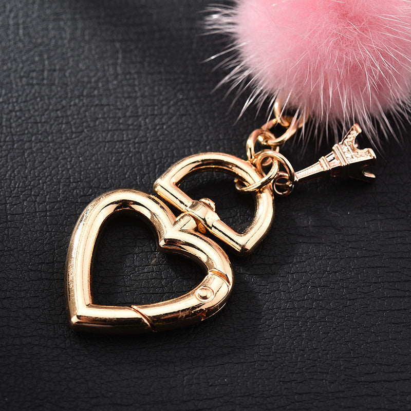 Wholesale mink fur love keychain elegant fur small pendant fur ball alloy love keychain