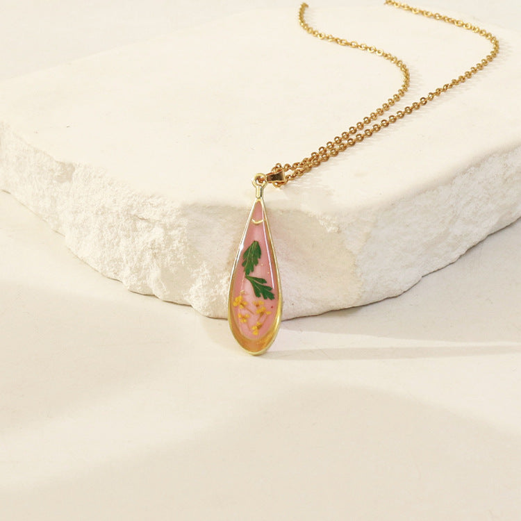 Wholesale 6pcs Resin Colored Dried Flower Pendant Water Drop Necklace