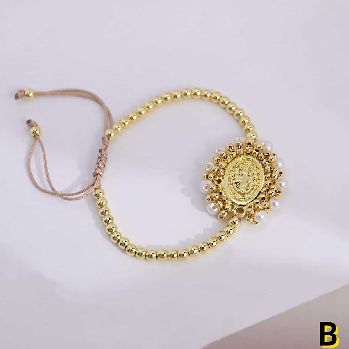 Wholesale Gold plated copper bead pearl adjustable drawstring layered bracelet