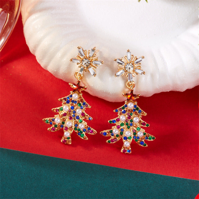 Wholesale Colorful rhinestone snowflake Christmas tree earrings