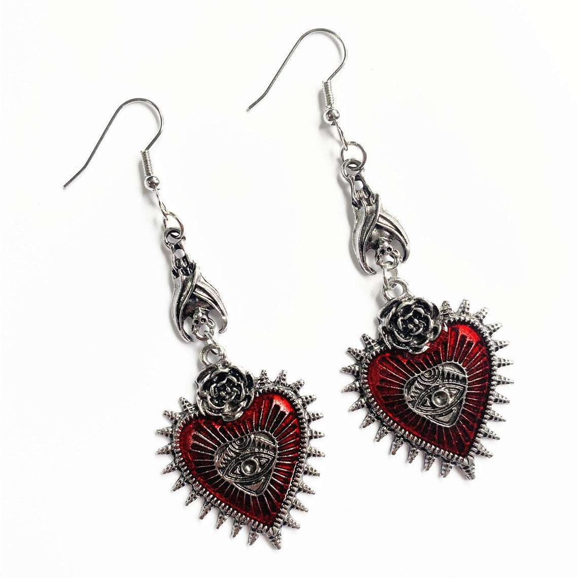 Gothic Punk Rose Wings Flower Red Oil Drops Heart-Shaped Earrings