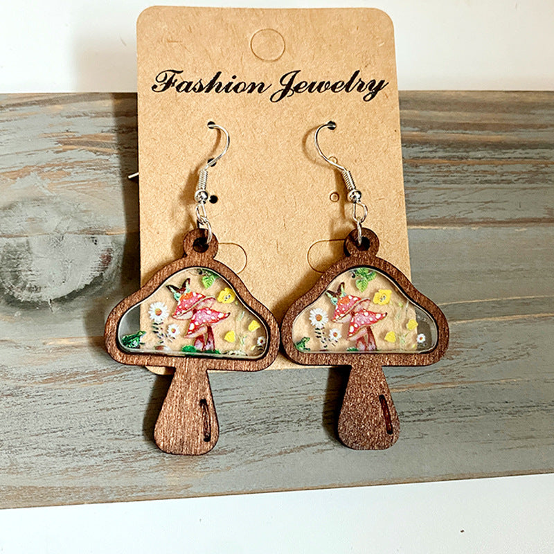Wholesale Floral Mushroom Wooden Earrings