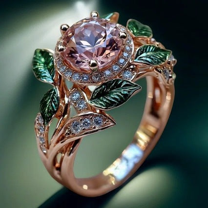 Wholesale  Bright Pink Zircon Green Leaf Oil Drop Flower Plant Alloy Ring
