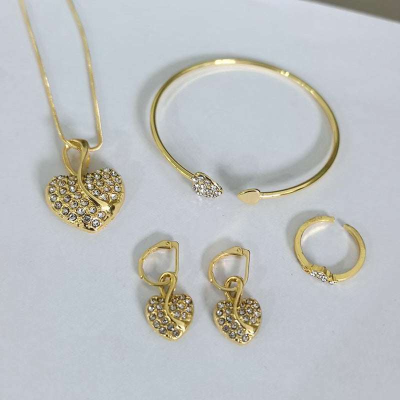 Wholesale Heart-Shaped Clavicle Necklace Earrings Ring Bracelet Jewelry Set