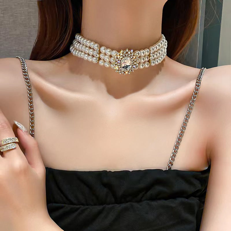 Wholesale Crystal Studded Diamond Multiple Row Choker Pearl Necklaces