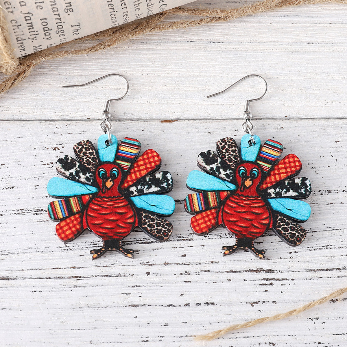 Wholesale  New Thanksgiving Leopard Print Turkey Pendant Earrings Wooden Double-Sided Autumn Harvest Thanksgiving Party Earrings