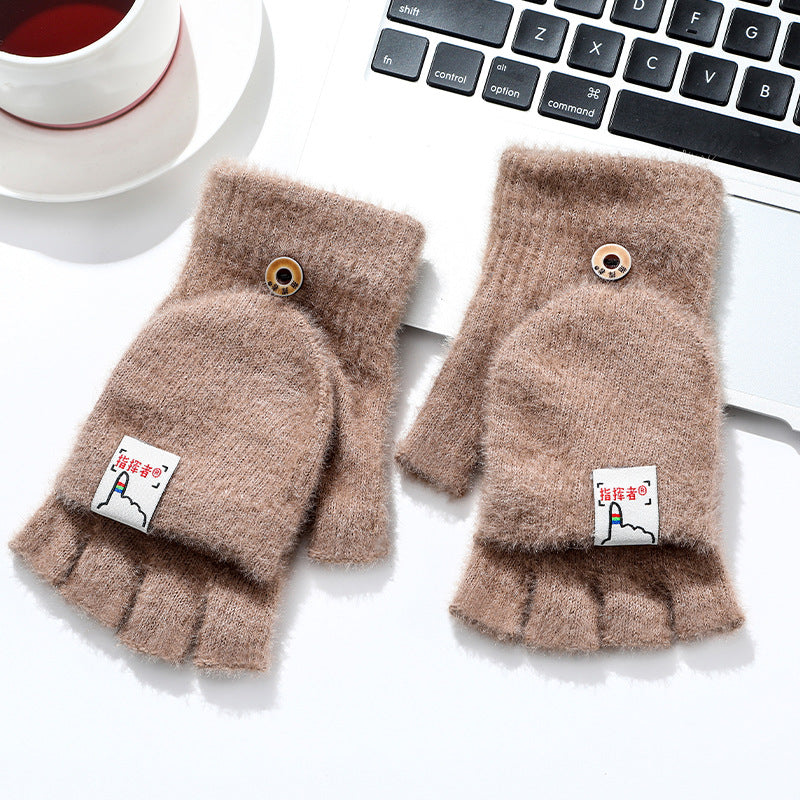 Wholesale Plush Autumn and Winter Half Finger Flip Warm Knitted Wool Gloves