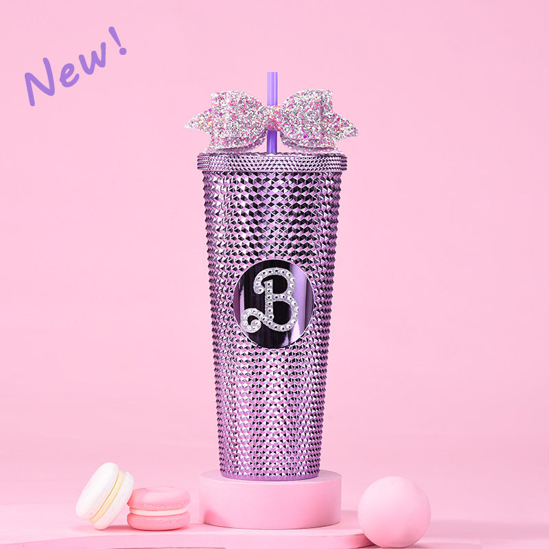 Wholesale Double-layer Plastic 710ml Large Capacity Straw Cup with Glitter Bow Tie Hand Cup Durian Cup