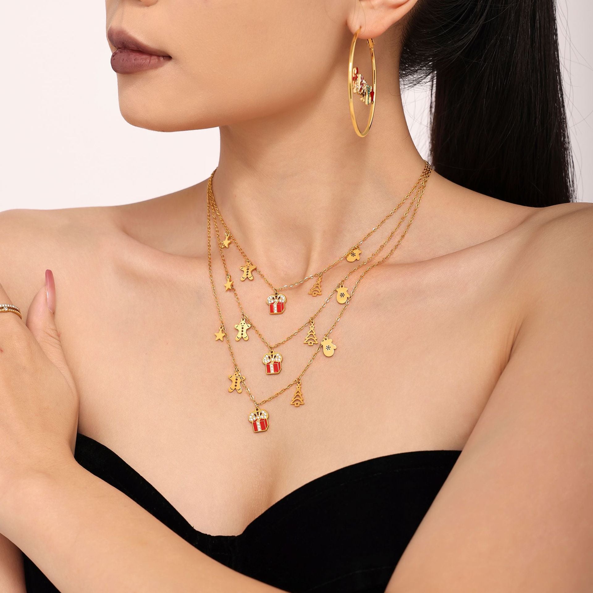 Wholesale Stainless steel 18K real gold plated Christmas enamel zircon necklace