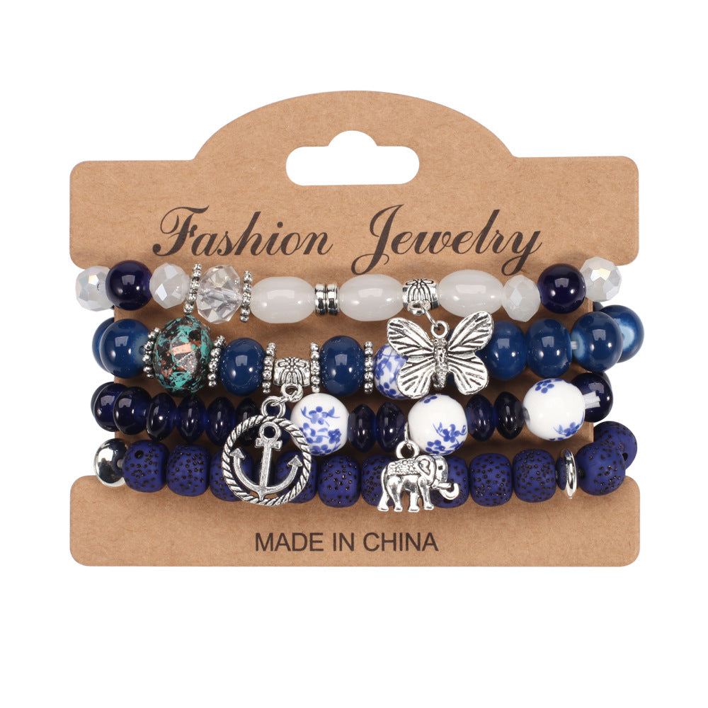 Wholesale Bohemian Butterfly Anchor Elephant Pendant Multi-layer Bracelet