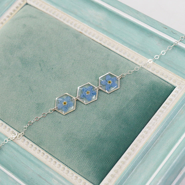 Wholesale 6pcs Sterling Silver Hexagonal Blue Three Forget-me-not Bracelet