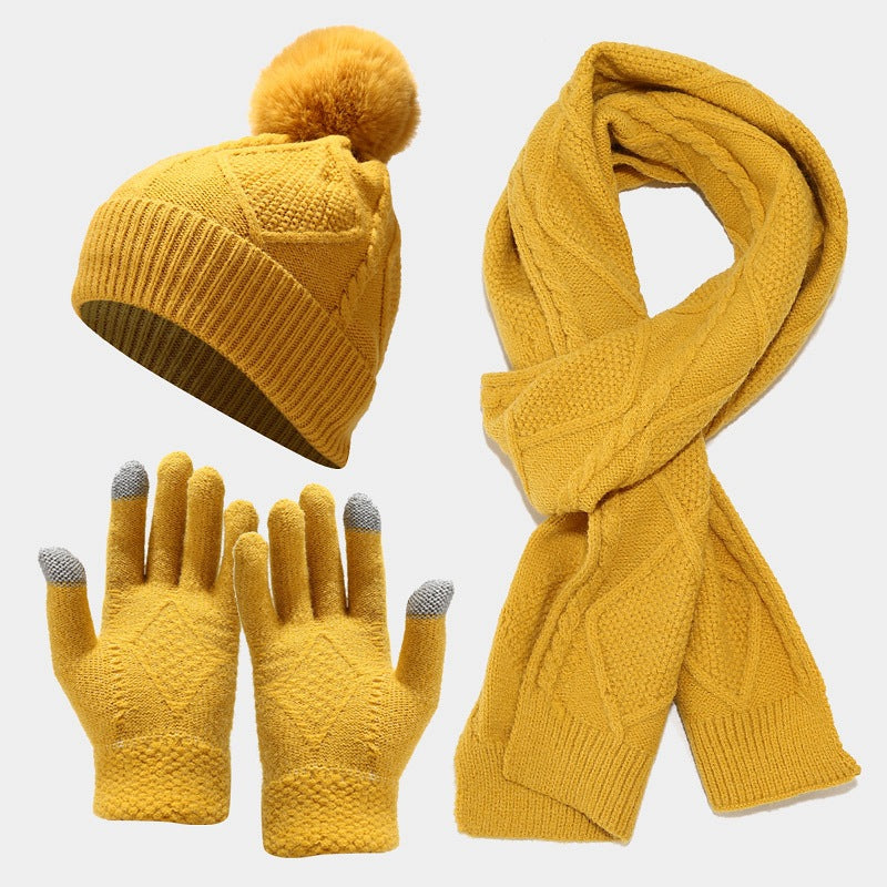 Wholesale Autumn and Winter Cold-proof and Warm Thickened Woolen Knitted Scarf and Gloves Three-piece Set