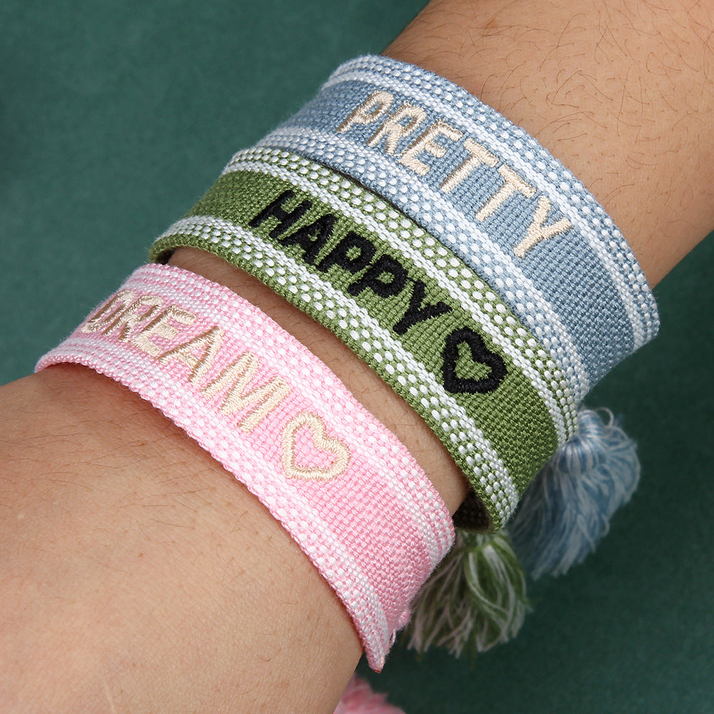 Wholesale Vintage Bohemian Embroidered Letter Woven Tassel Bracelet