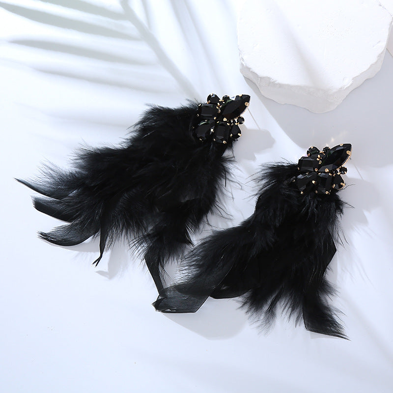 Wholesale Alloy Diamond Feather Flower Long Temperament Tassel Earrings