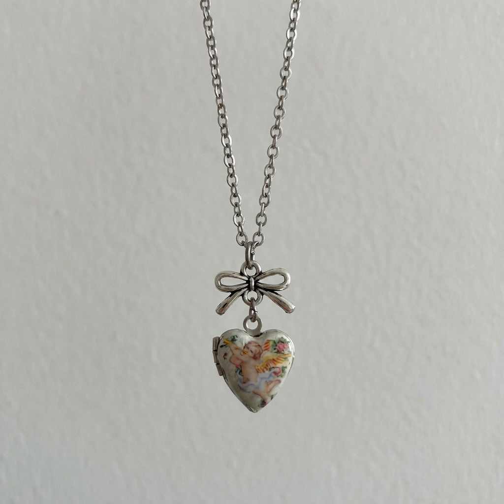 Wholesale Angel Heart Shaped Box Gold Bow Necklace