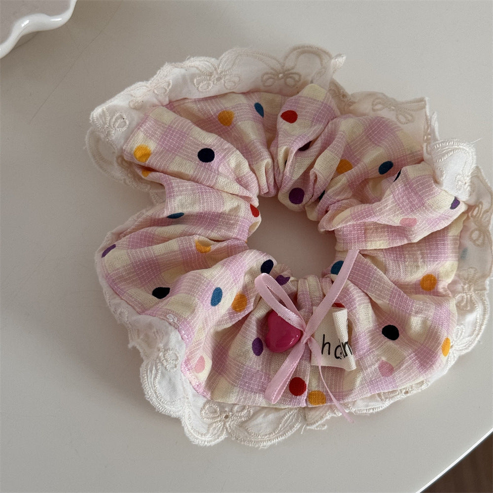 Wholesale Sweet Bow Thousand Gold Hair Ring Lace Double Gentle Rubber Tendon Fashion Embroidered Vintage Hair Rope Elegant