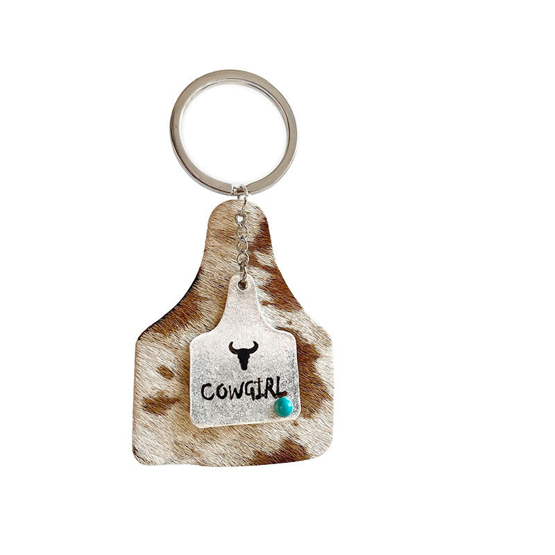 Wholesale Western Turquoise Metal Cow Brand Cactus Horseshoe Bull Head Anti-lost Device Creative West Leather Keychains