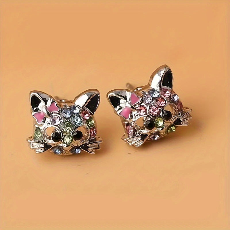 Wholesale Cartoon Color Rhinestone Cat Alloy Earrings Ring Necklace