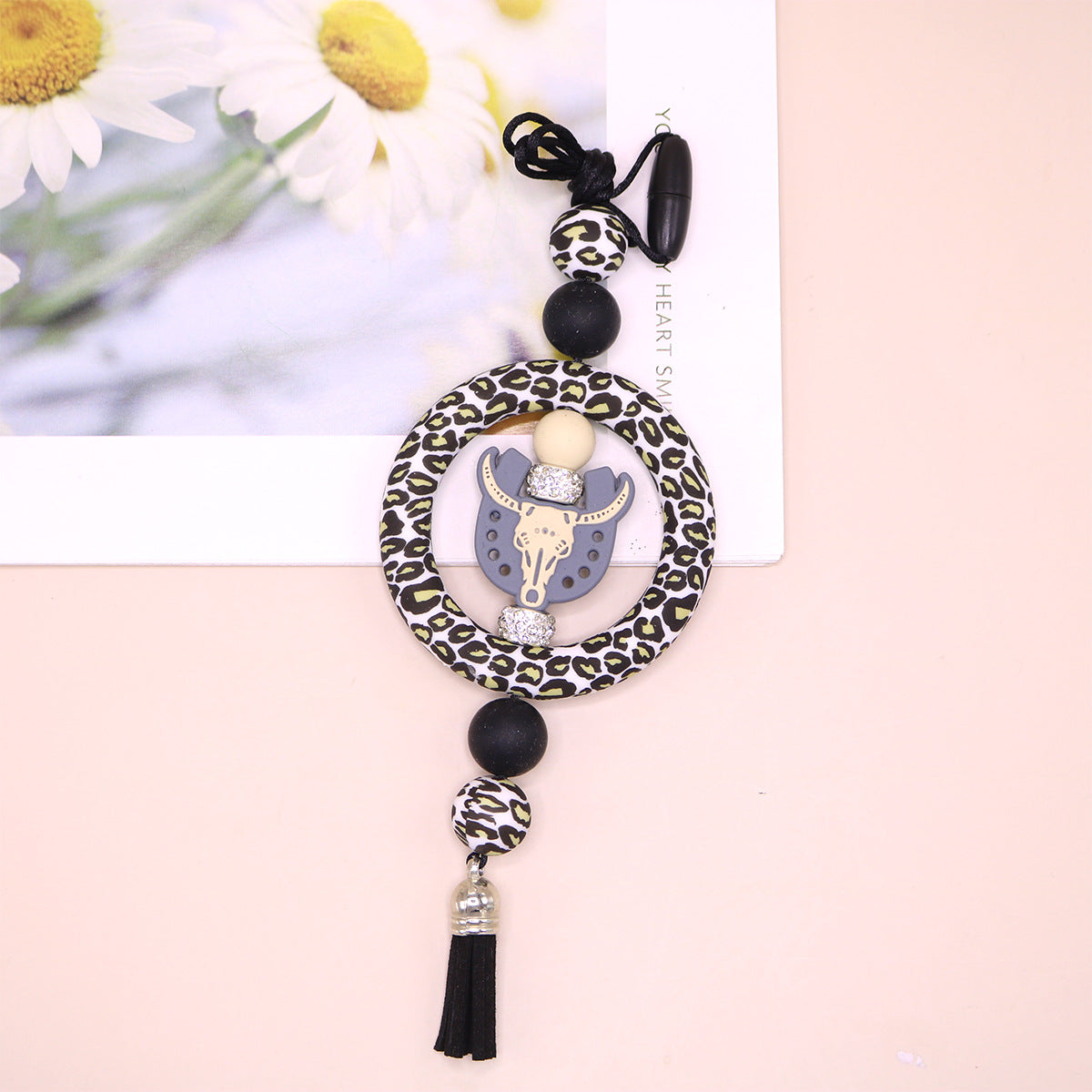 Wholesale Silicone Ring Keychain Christmas Cow Head Cross Flower Bead Pendant