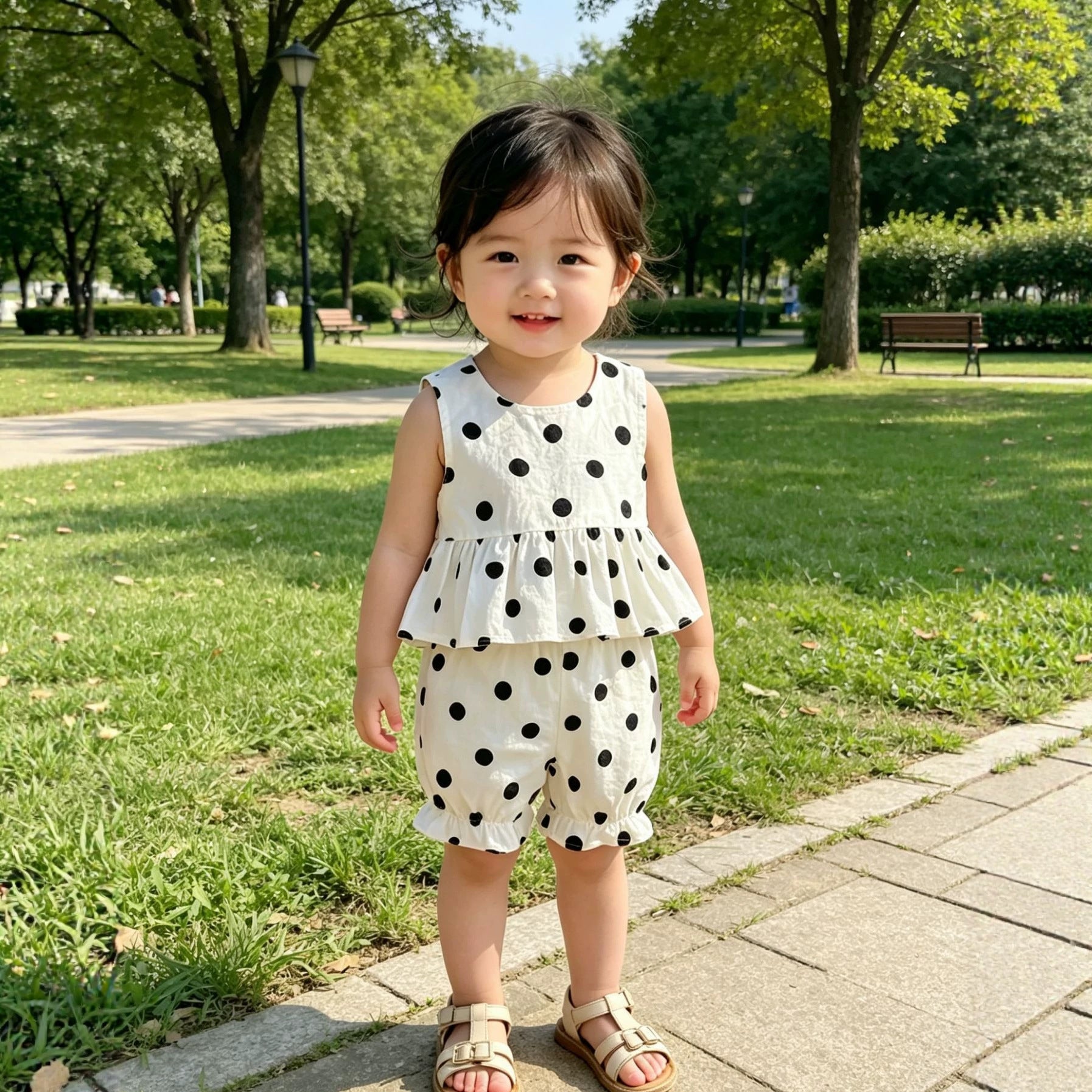 Wholesale Fashion Cotton Polka Dot Toddler Girl Sleeveless 2 Piece Shorts Outfit Korean Style Summer Birthday Resale