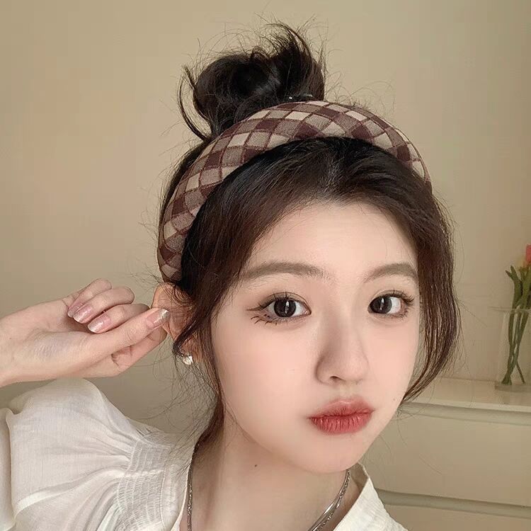 Wholesale Sponge plaid all-match headband retro style wide-brimmed hairpin