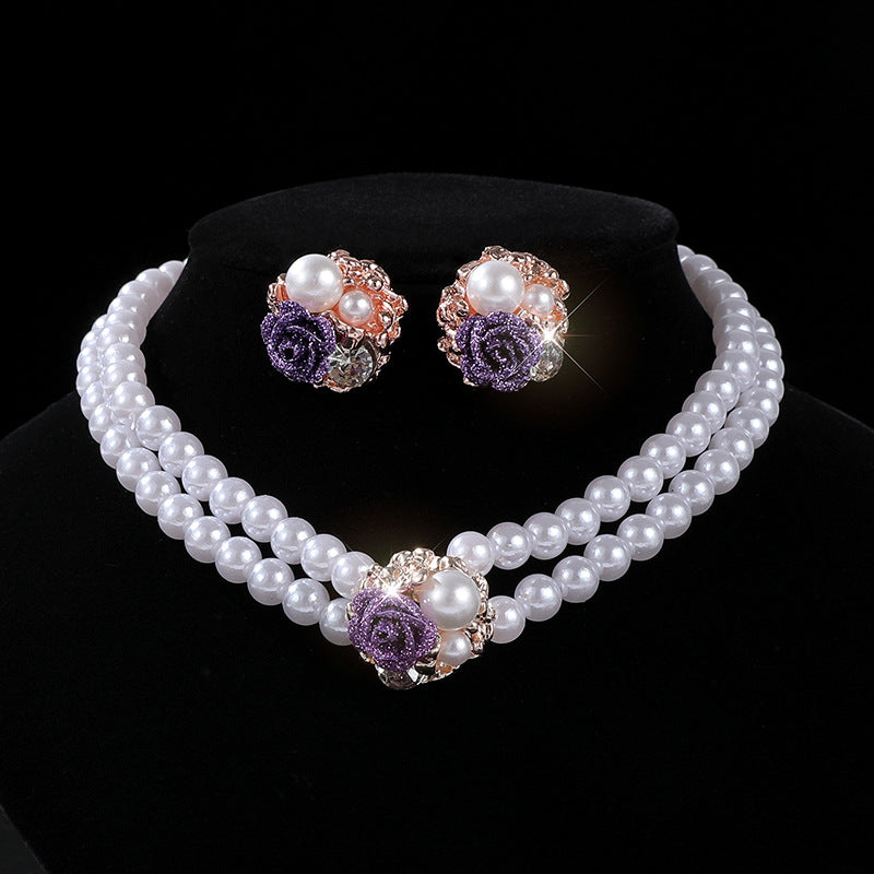 Wholesale Chic Faux Pearl Flower Choker Necklace And Earrings Set For Women Wedding Jewelry Lake Blue