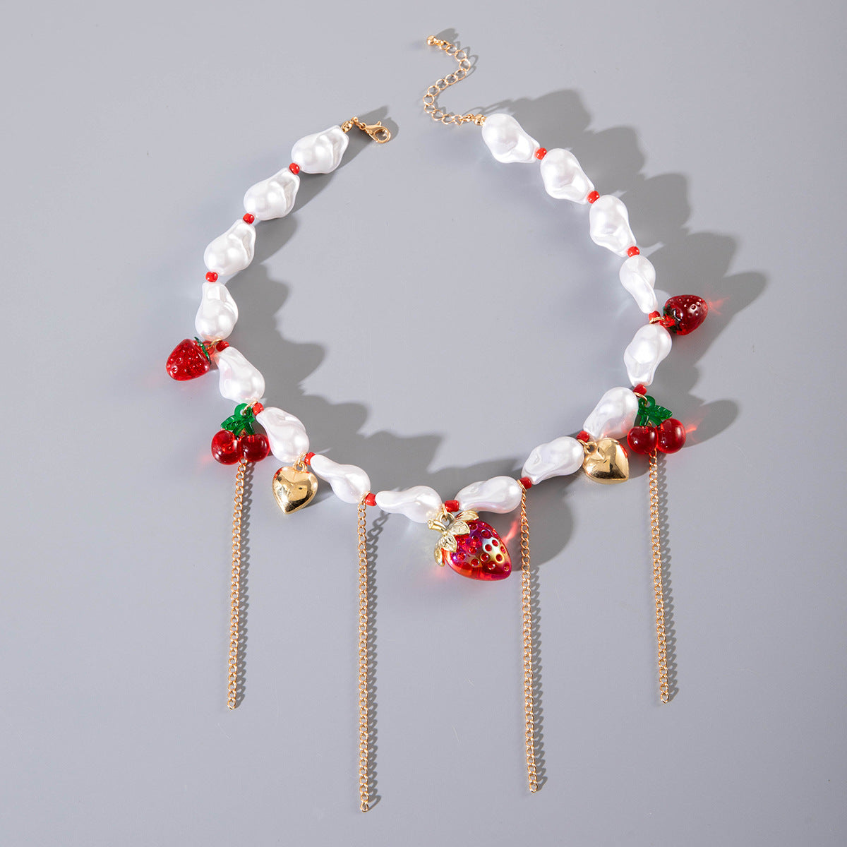 Wholesale Alien Pearl Strawberry Cherry Tassel Valentine' s Day Necklace