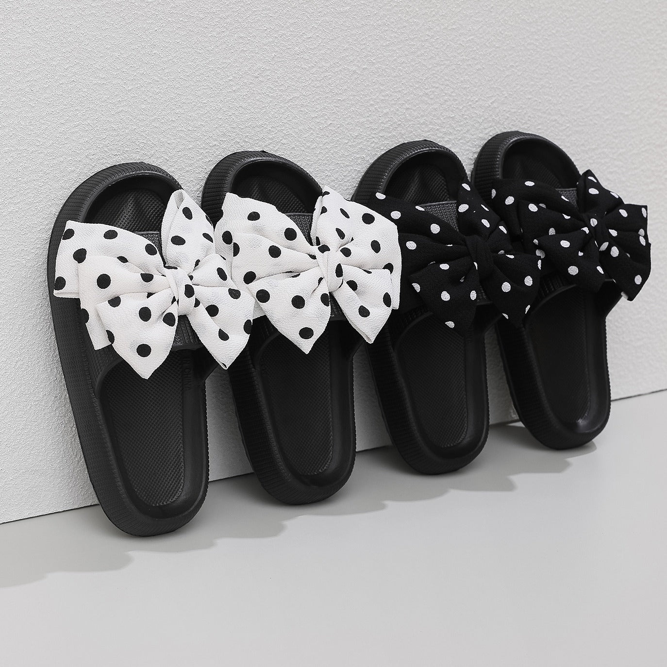 Fashion polka dot bow slippers women's summer outer wear thick bottom indoor one-word sandals beach shoes