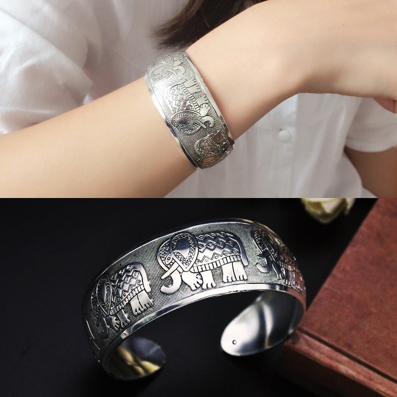 Wholesale Tibetan silver ornaments carved open Miao silver elephant ethnic style wide bracelet retro bracelet