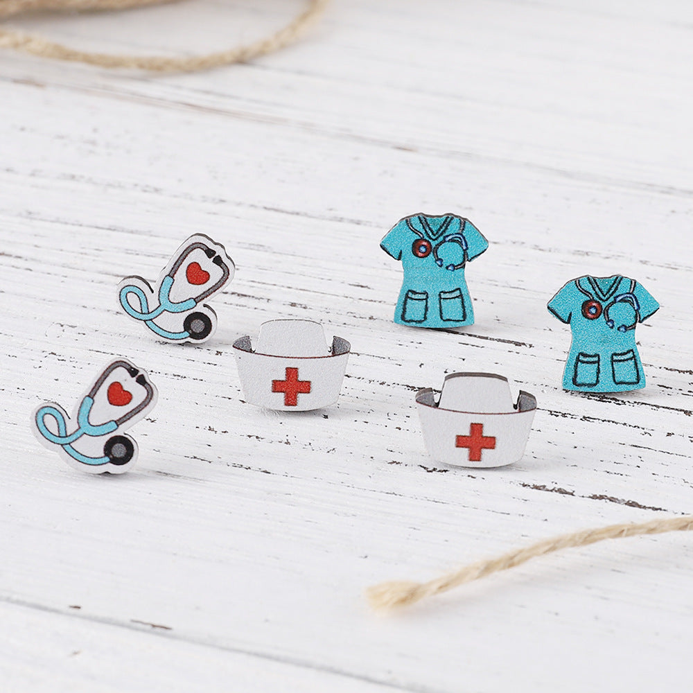 Wholesale Nurse' s Day Stethoscope Nurse Cute Heart and Lung Organs Wooden Earrings