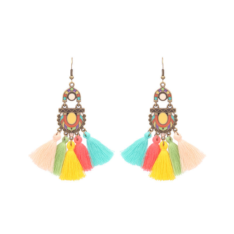 Wholesale Retro Tassel Hollow Alloy Oil Dripping Earrings Set