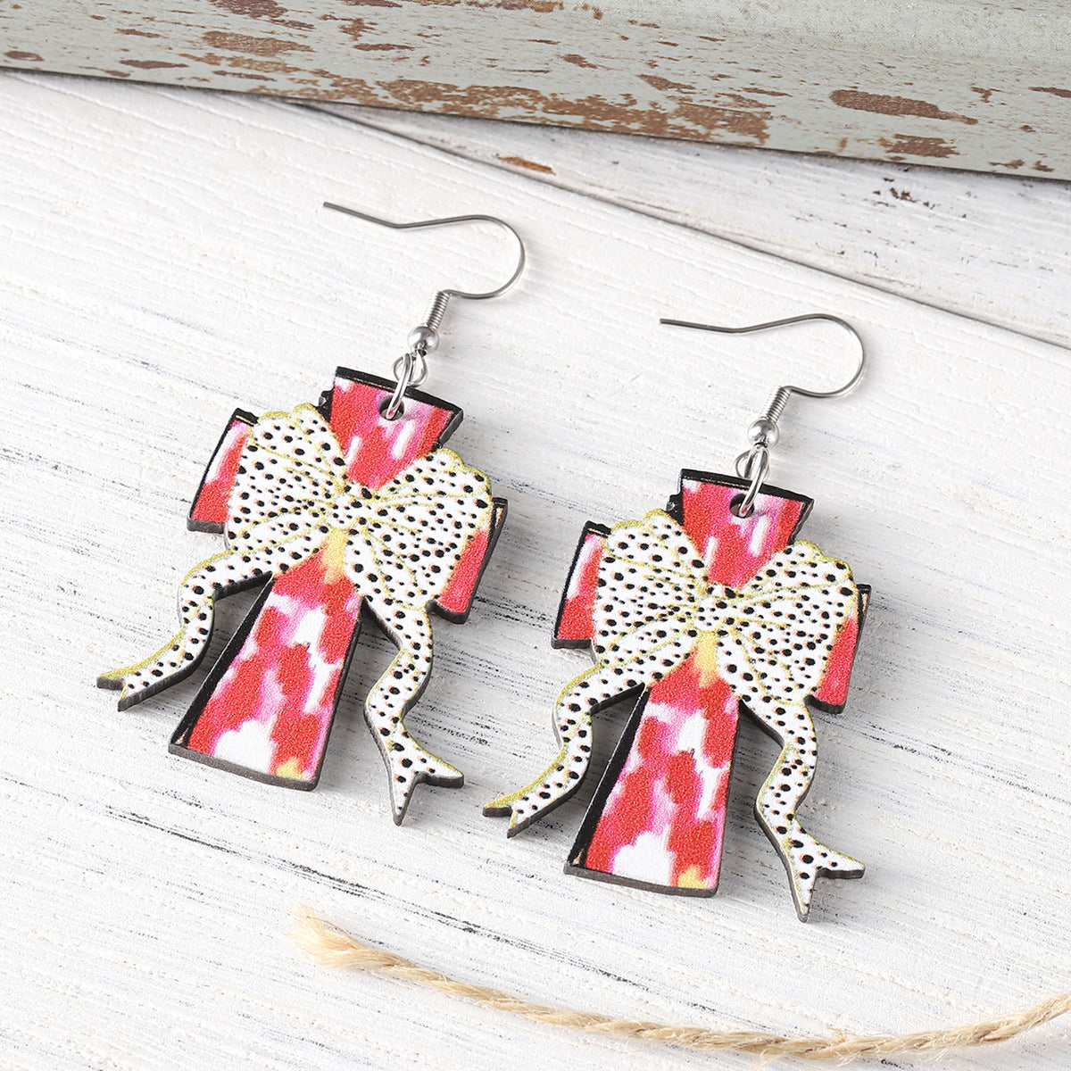 Wholesale Polka Dot Bow Painted Cross Pendant Earrings Double-Sided Earrings