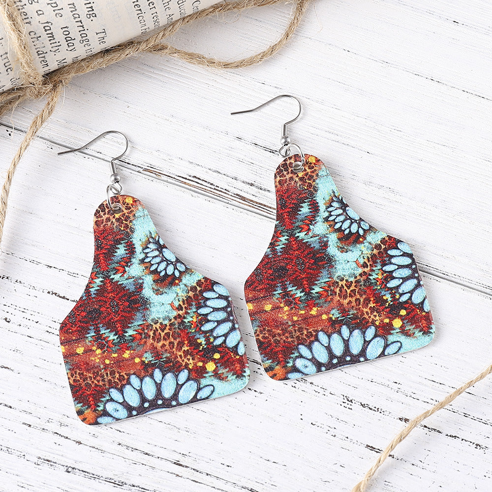 Wholesale Western Cowboy Turquoise Leopard Print  Double-Sided Leather Earrings