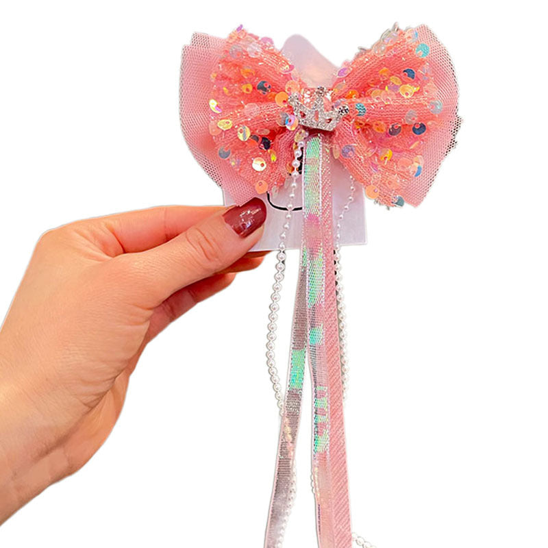 Wholesale Princess Sweet Ribbon Sequin Bow Top Clip Crown Children's Hair Accessories