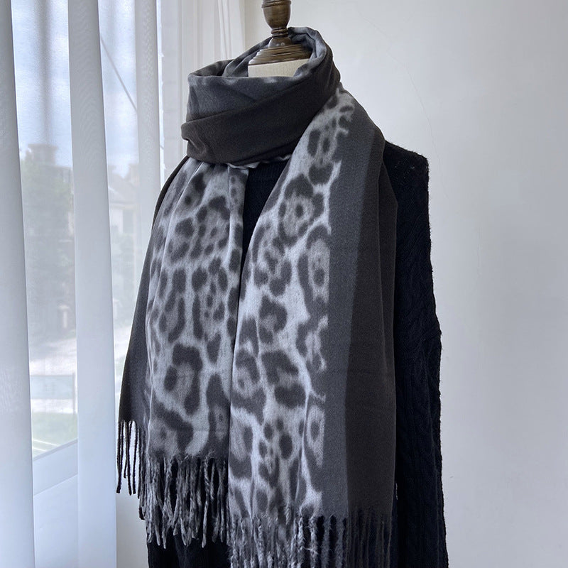 Wholesale Autumn and Winter Leopard Print Color Block Printed Tassel Imitation Cashmere Scarf